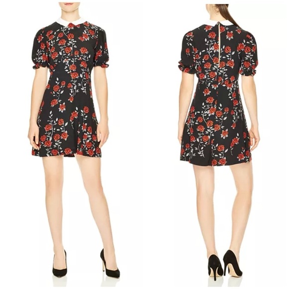 Sandro Lulu Rose Print Dress Short Sleeve Open Back Black White Red Sz 1 Small - Picture 9 of 9